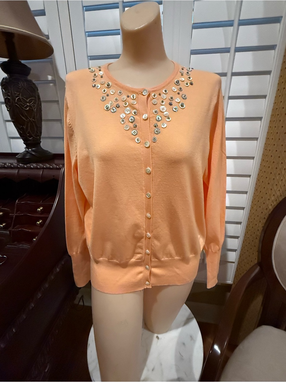 Peach Cardigan by Valerie Steven’s with pearl buttons and rhinestones